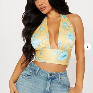 Floral Halter Neck Top in Yellow and Blue